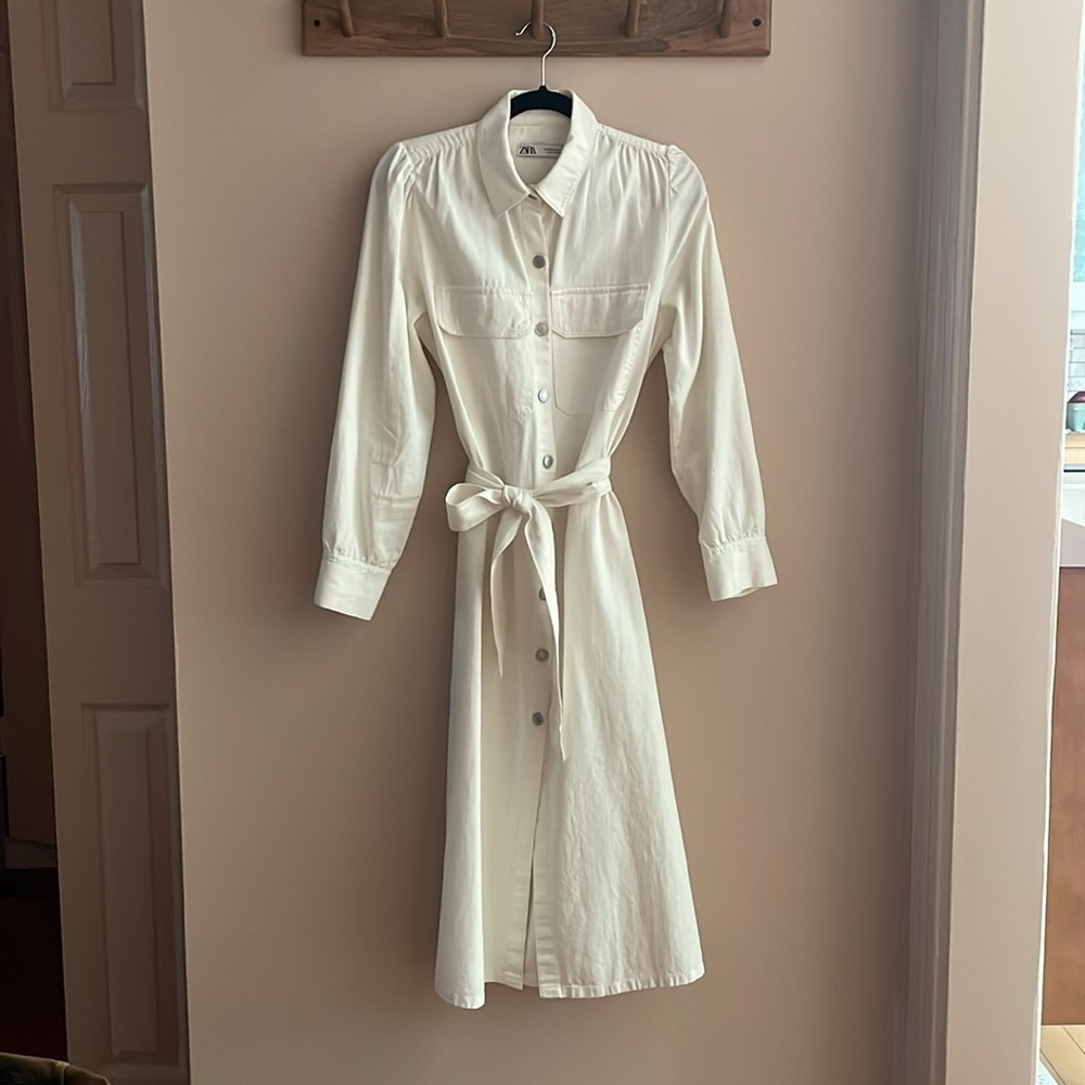 Zara Long Sleeve Denim Midi Shirt Dress with Button Front and Tie